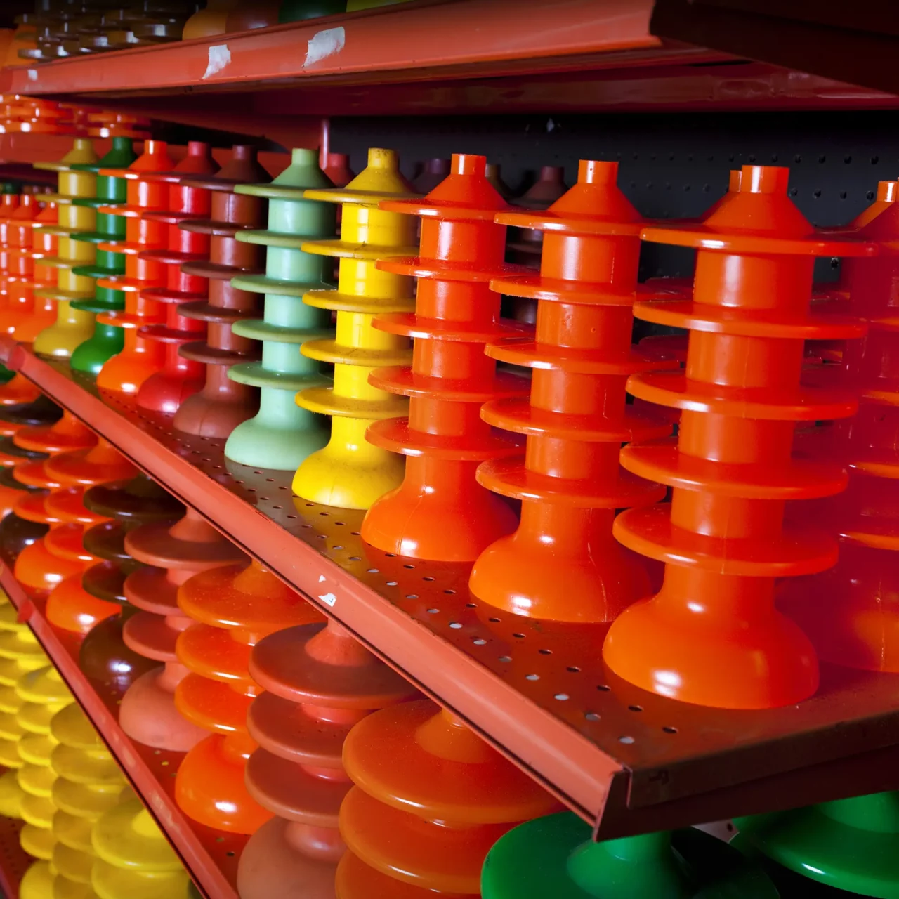 Polyurethane pig products lined up on a shelf